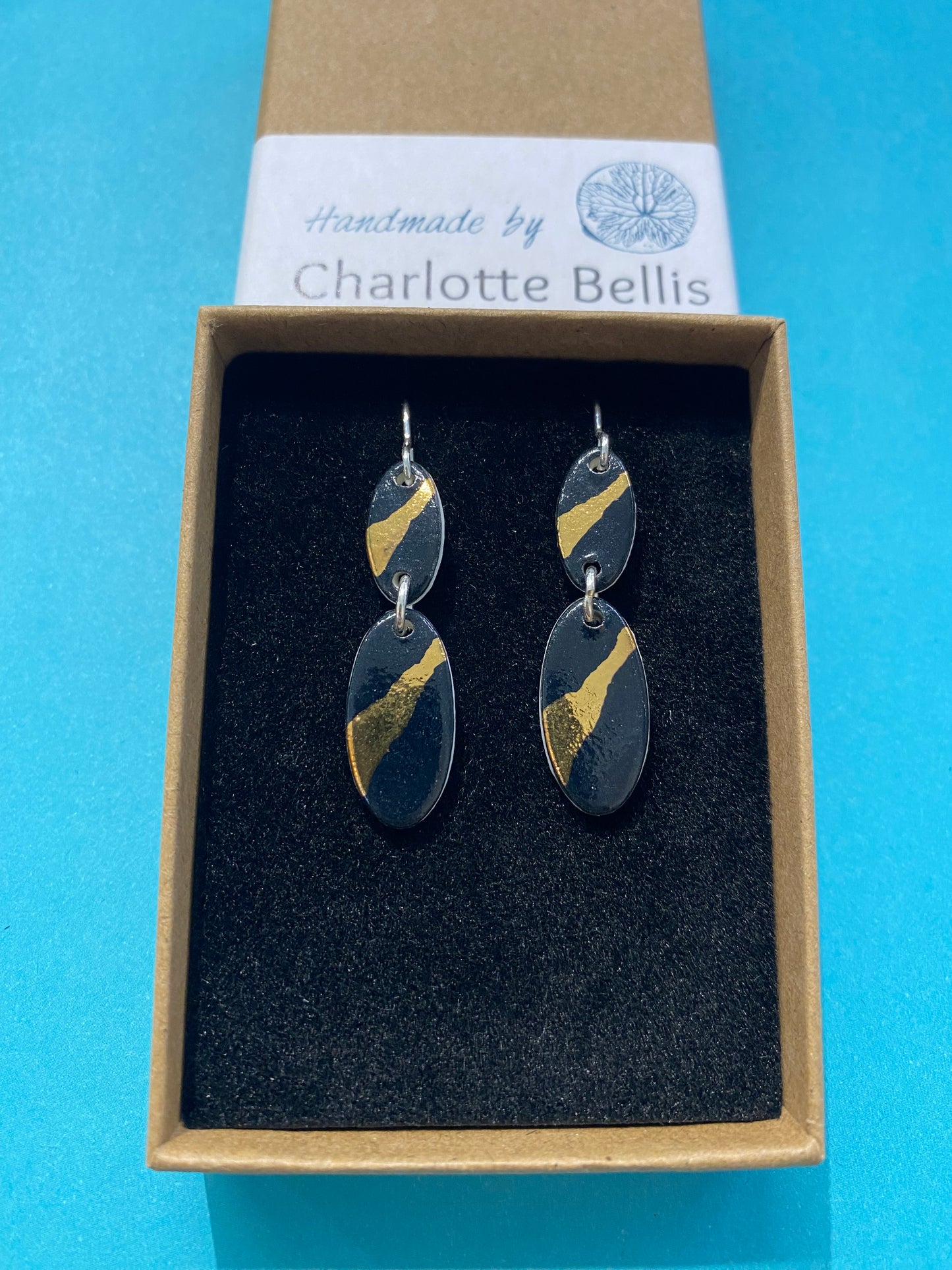 Oval Drop Earrings with 24ct Gold Detailing