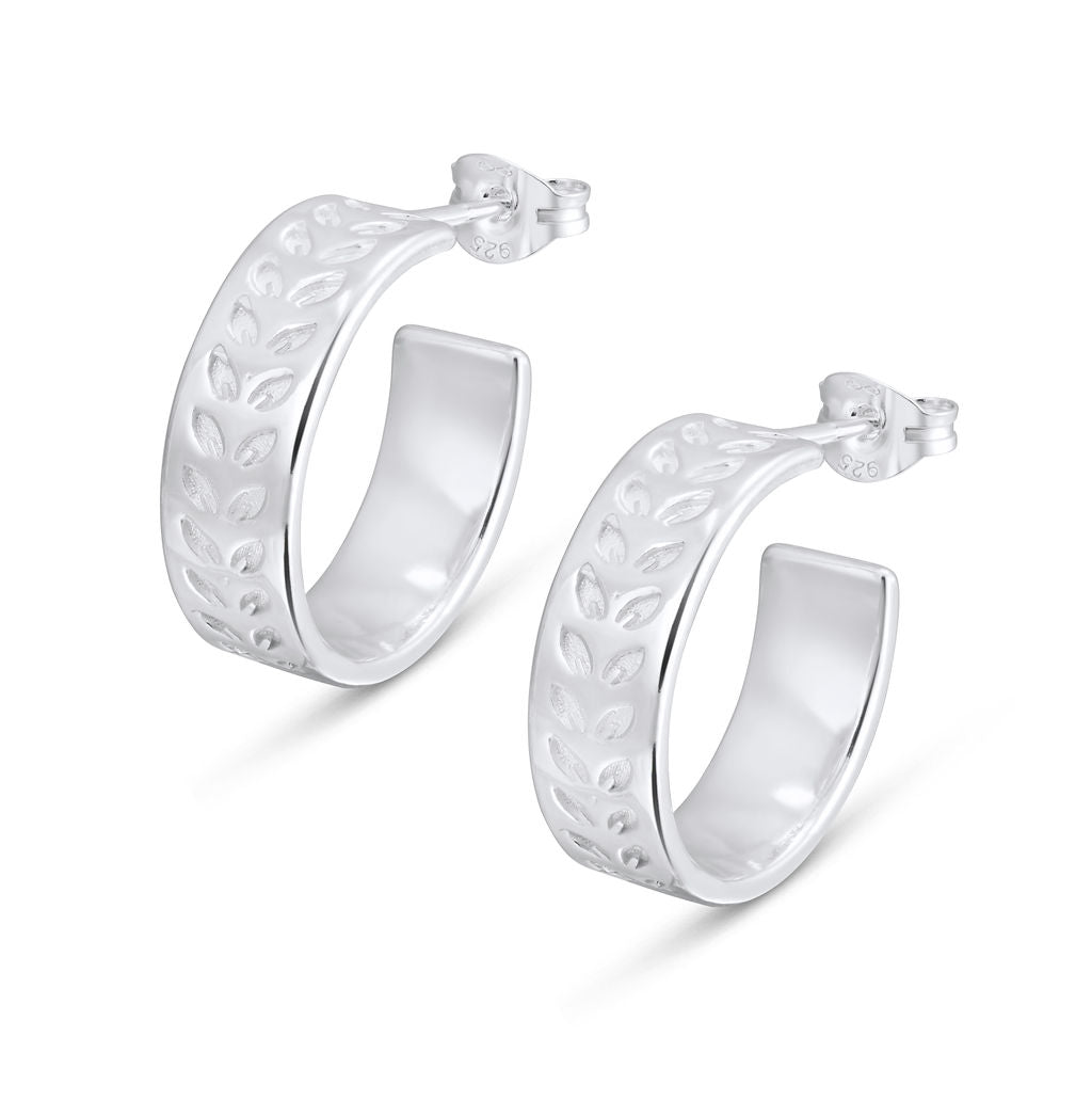 Lôn Goed - Leaf Pattern - Stud Earrings - Silver - Wide Hoops