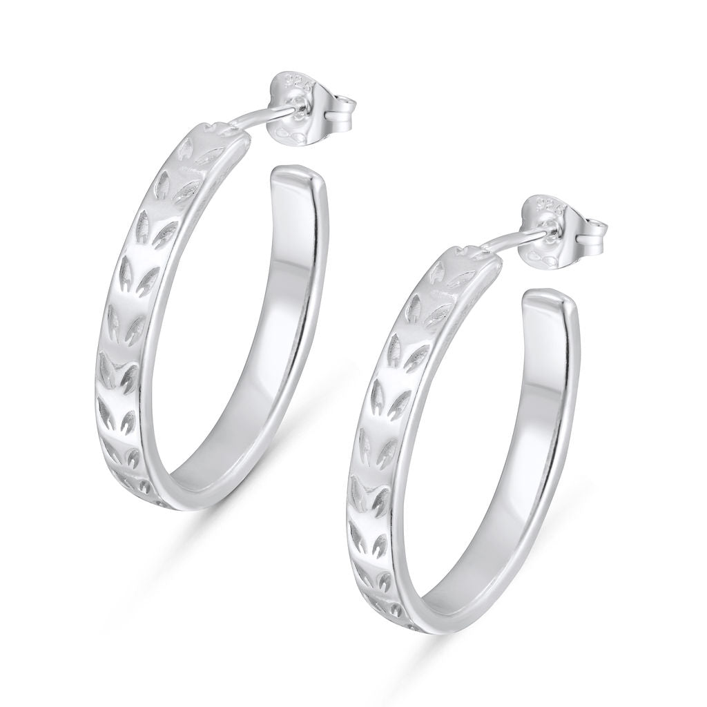 Lôn Goed - Leaf Pattern - Stud Earrings - Silver - Slim Hoops