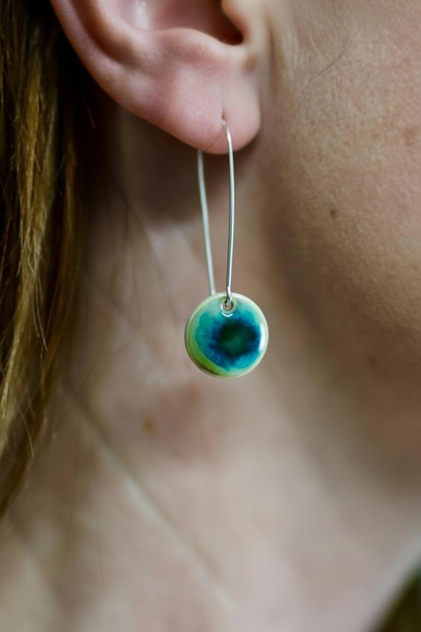 Ocean Glaze Disc Earrings on Silver Wire Hoop