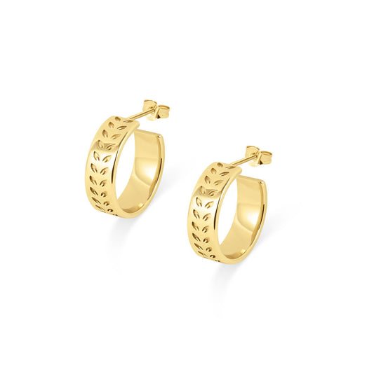 Lôn Goed - Leaf Pattern - Stud Earrings - Gold -  Wide Hoops