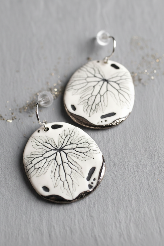Leaf Print Earrings with Platinum Detailing